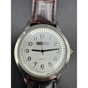 Ensemble Quartz Silver Tone White Dial Round Case Brown Leather Band Watch